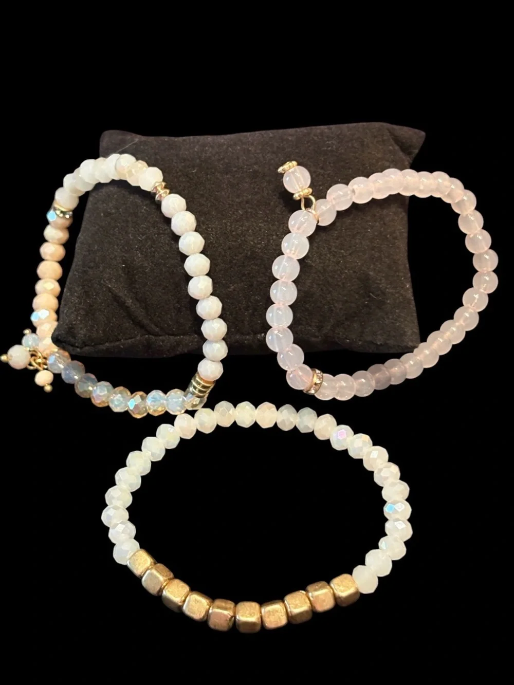 Plunder Stackable Lavender and White Beaded Bracelet Set with Gold Accents
